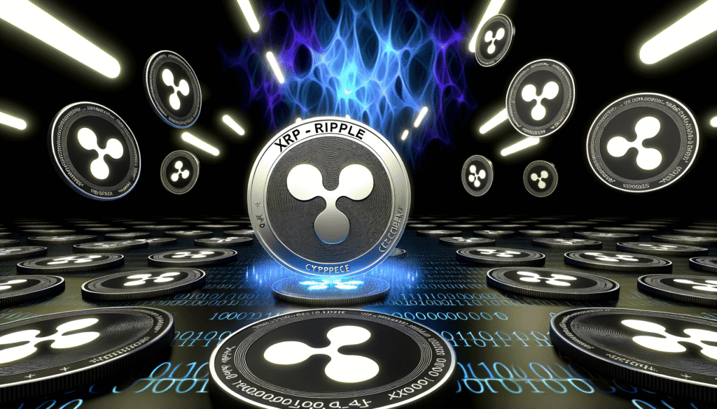 Futuristic Ripple XRP coins floating in digital space with binary code.