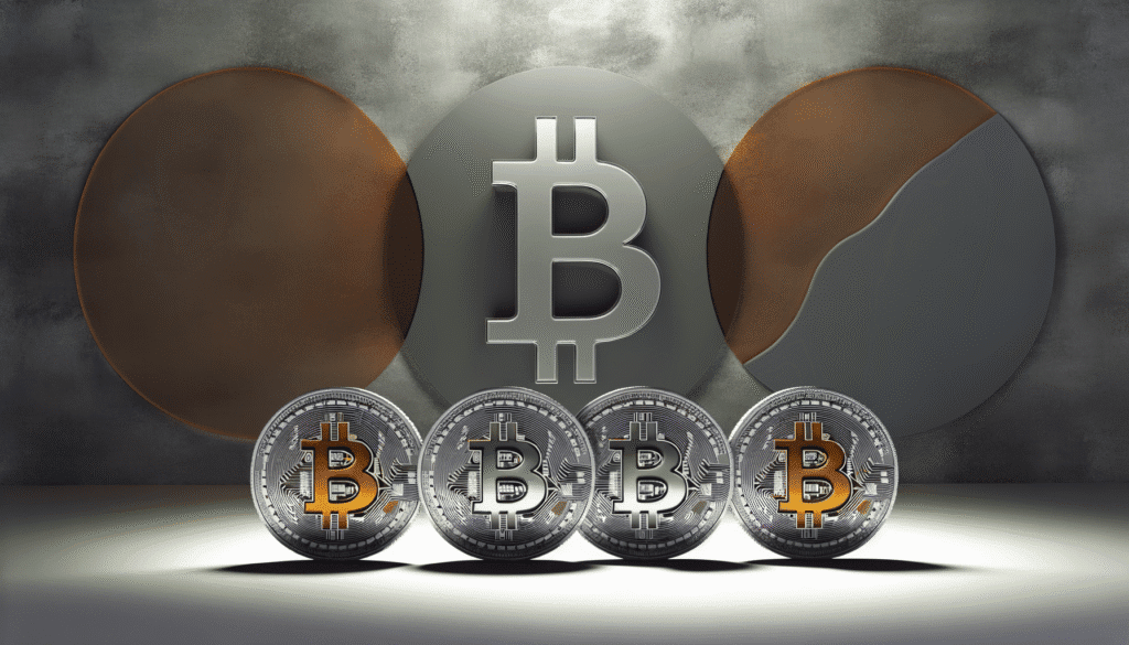 Bitcoin logo surrounded by digital coins in a futuristic setting