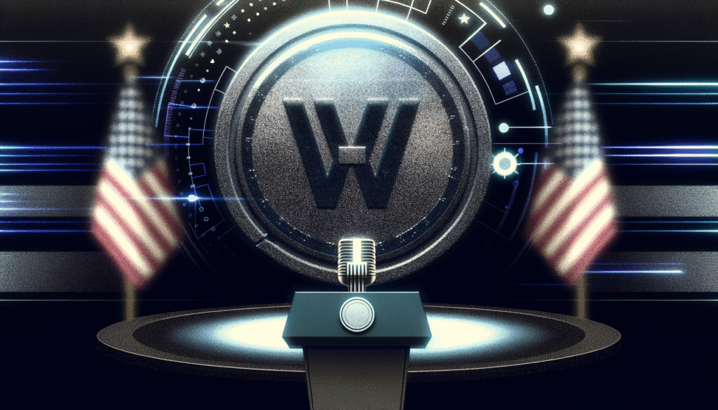 Crypto podium with large coin and U.S. flags in the background