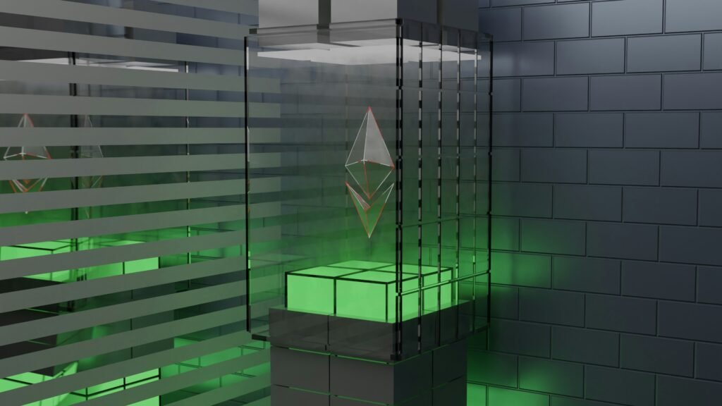 Futuristic display of a 3D Ethereum logo in a glass case with green lighting