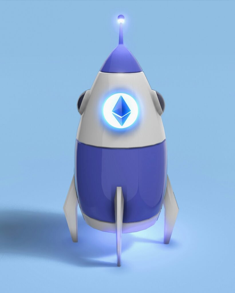 Futuristic rocket model with Ethereum logo on a blue background, symbolizing crypto growth and innovation