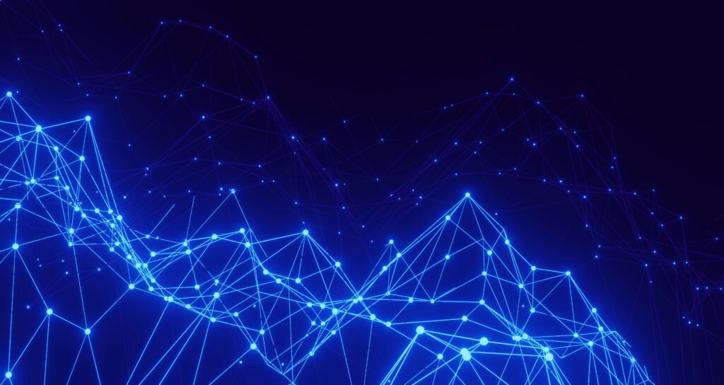 Digital blue network connections on dark background representing blockchain technology.