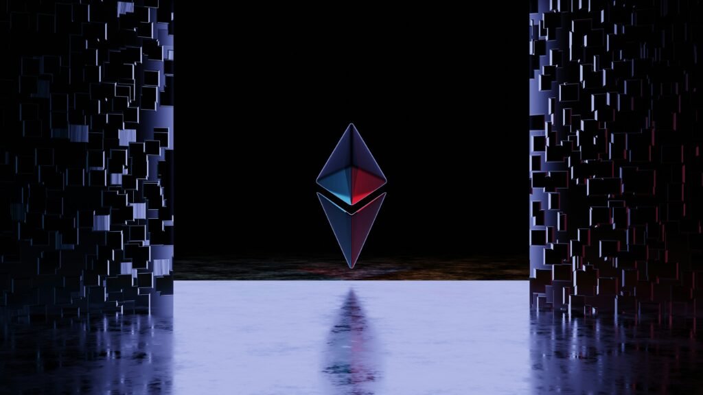 Ethereum logo in a futuristic digital space with geometric patterns and reflections