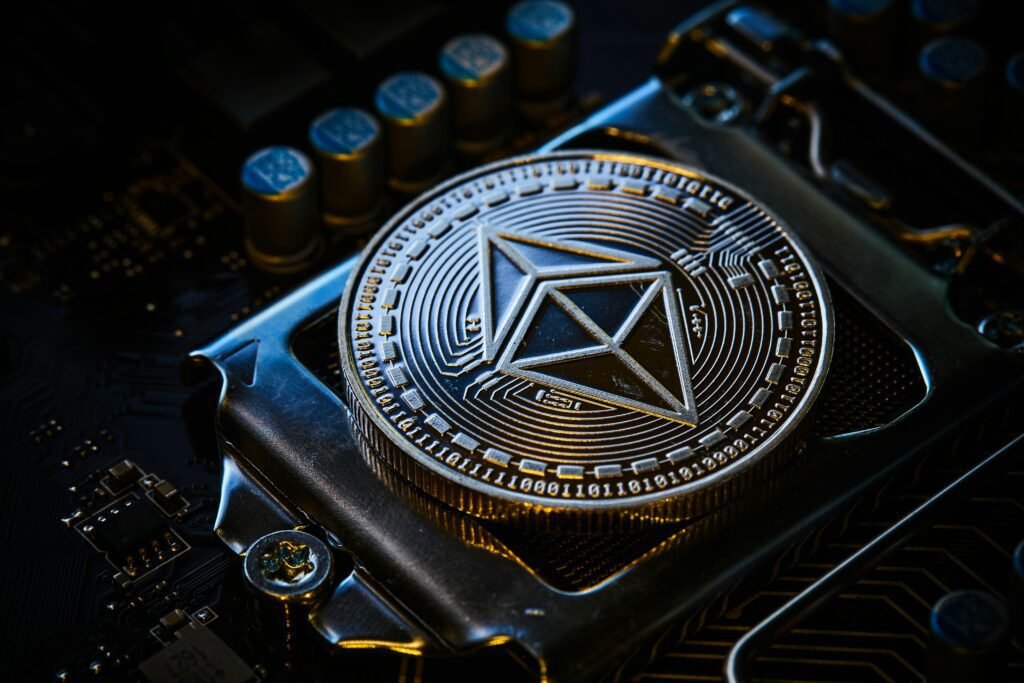 Ethereum coin on a computer motherboard, representing cryptocurrency technology