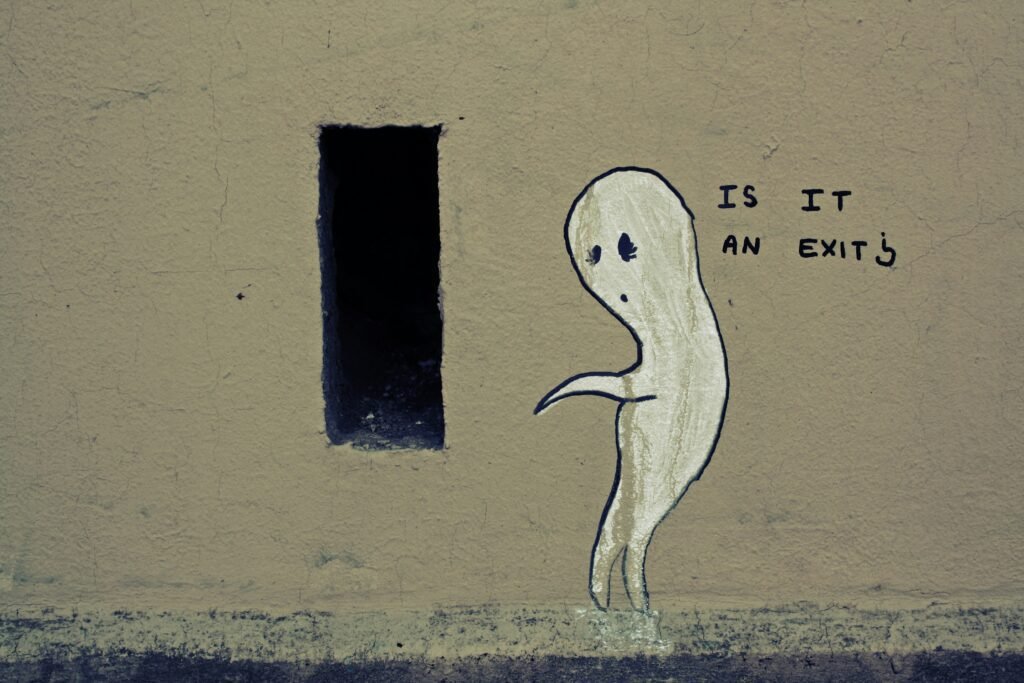 Illustration of a curious ghost asking if a rectangular opening is an exit