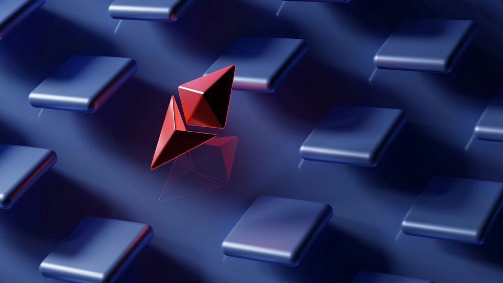 Abstract 3D representation of Ethereum logo on a digital background