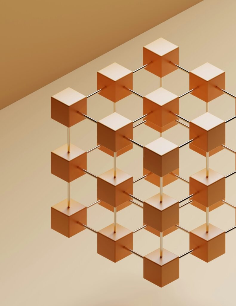 Abstract representation of blockchain with interconnected cubes on a neutral background