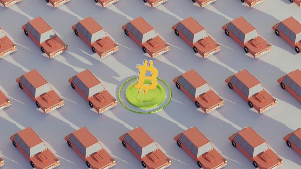 Illustration of a Bitcoin symbol among a grid of red cars, symbolizing cryptocurrency's disruptive impact on traditional systems.