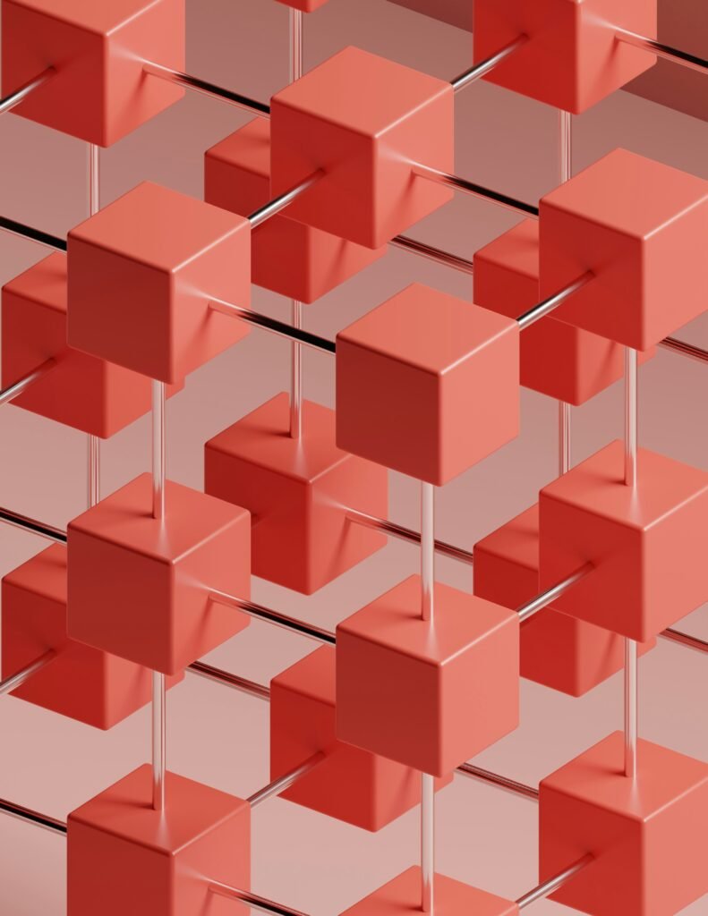 Abstract representation of blockchain with connected red cubes