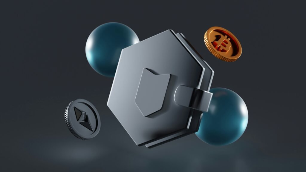 3D representation of Bitcoin and Ethereum coins surrounding a digital shield, symbolizing cryptocurrency security