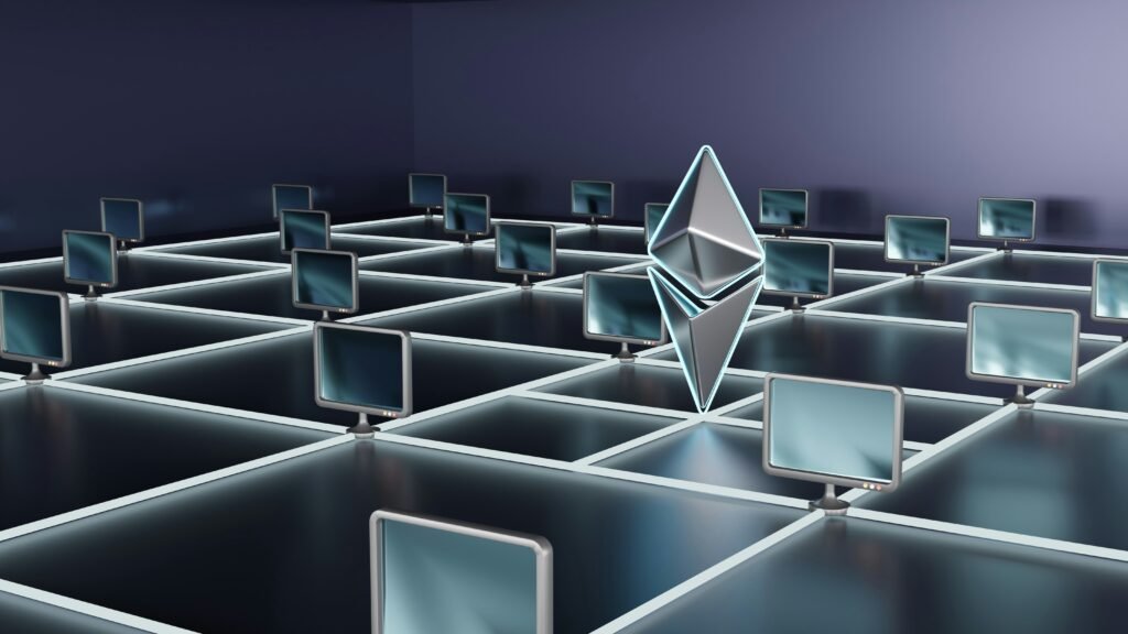 Digital representation of Ethereum network with connected computer nodes.