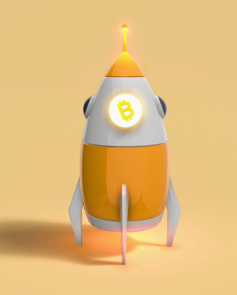 Illustration of a rocket with Bitcoin symbol, representing cryptocurrency growth.