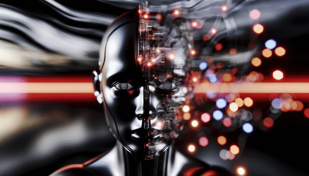 Futuristic AI robot with circuit patterns and glowing lights in a digital background.
