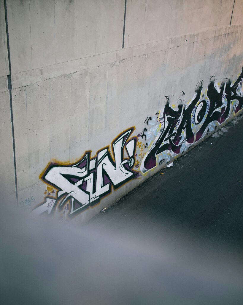 Urban graffiti on a concrete wall with the word 'FIN!' visible, representing creative street art.