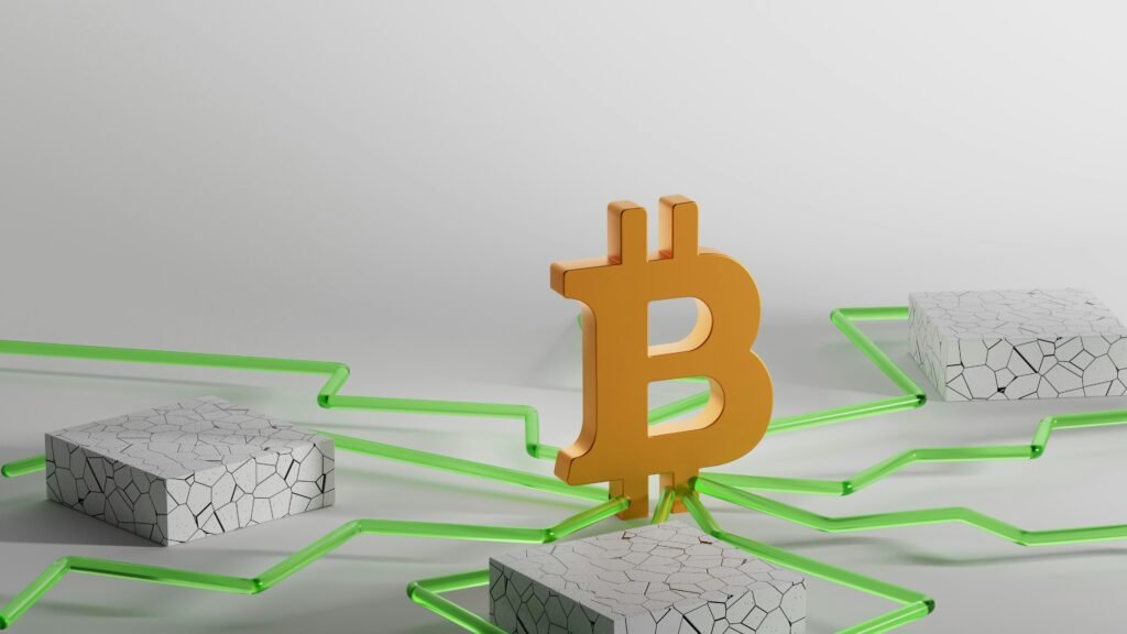 3D illustration of the Bitcoin symbol connected by green pathways over tiled surfaces.