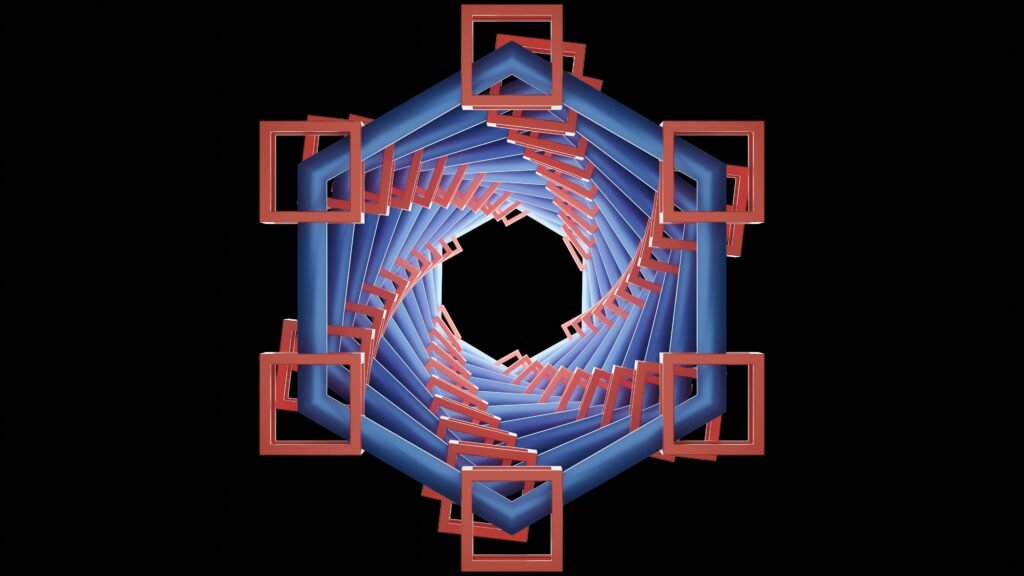 Abstract geometric design with interlocking hexagonal and square shapes in red and blue against a black background.