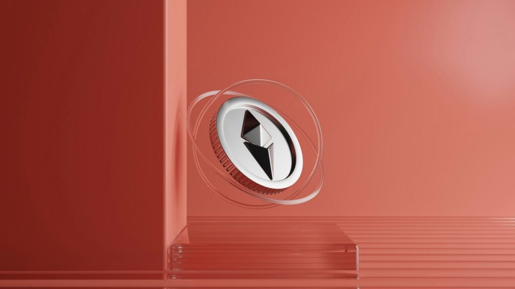 Ethereum coin in a modern red abstract setting