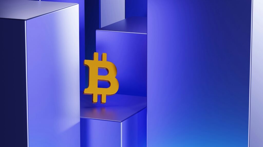 Abstract representation of Bitcoin symbol against a background of geometric blue shapes