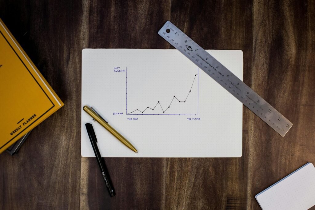 Graph showing progress from past to future with pens and a ruler on a desk, representing cryptocurrency growth insight.