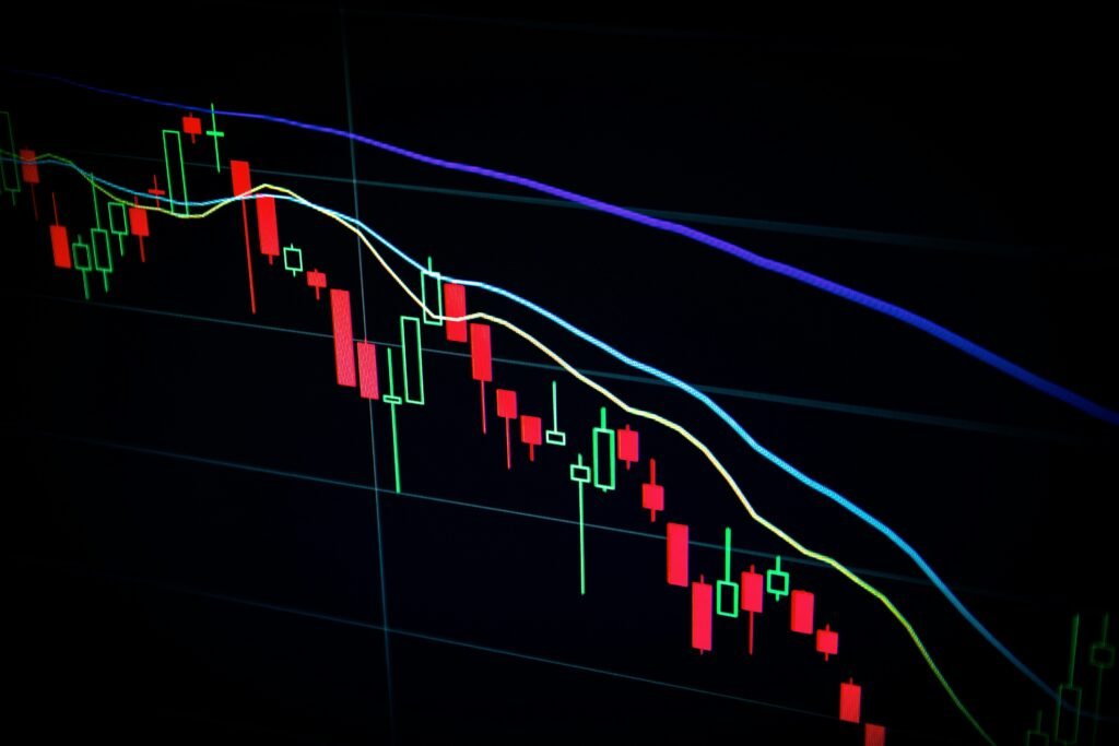 Cryptocurrency candlestick chart analysis showing market trends with moving averages
