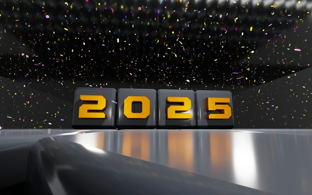 Countdown to 2025 with confetti on a shiny surface