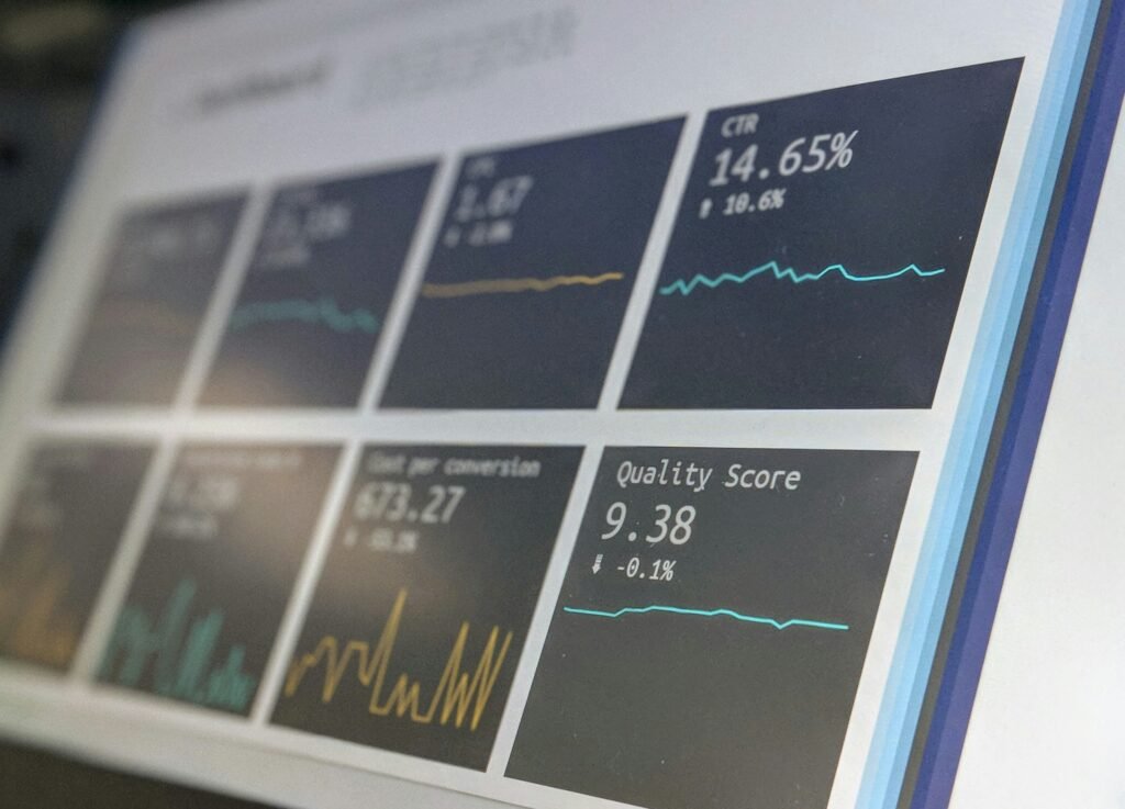 Data analytics dashboard with graphs and metrics for cryptocurrency performance.